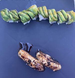 Dragon roll and Unagi eggplant nigiri  at PLANTA in Miami Beach