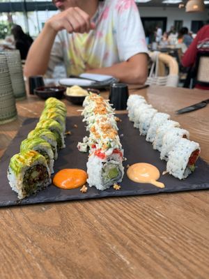 Dragon roll, Rainbow roll, and Spicy tuna roll at PLANTA in Miami Beach