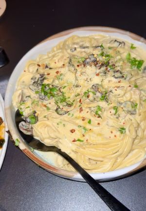 Spaghetti Carbonara 10/10!! Creamy and Rich (mushroom bacon, smoked tempeh, cracked pepper, almond parmesan)  at PLANTA in Miami Beach