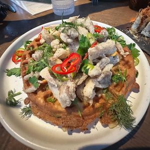 Chicken and waffles   at PLANTA in Miami Beach