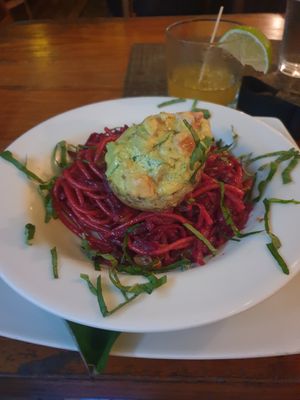 Beet-stained stuffed mushroom pasta at Beach Dog Cafe in Nosara