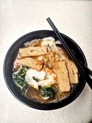 Firm tofu slices, mock prawns, mock fish cake, water spinach (known locally as kangkong), bean sprouts in a tasty broth. at Fen Xiang Vegetarian Delights 芬香素食小厨 in Central Singapore
