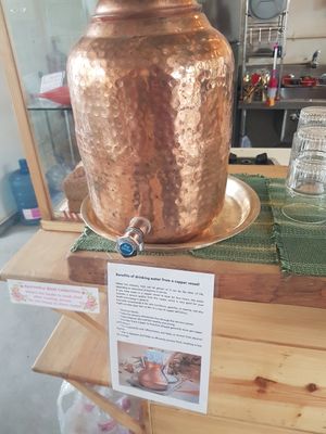 Water from copper vessel at Ayurvedico Cafe in Pokhara