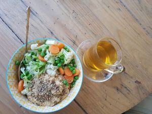 Buddha Bowl and Organic Green Tea at Ayurvedico Cafe in Pokhara