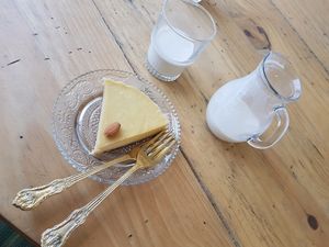 raw cashew cake with almond milk at Ayurvedico Cafe in Pokhara