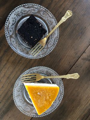 Vegan brownie and vegan mango pie at Ayurvedico Cafe in Pokhara