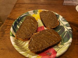 hemp butter and honey on sourdough bread. tasty at Ayurvedico Cafe in Pokhara