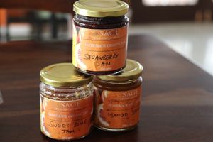 packaged home-made jams and pickles and sauerkraut at Sage Farm Cafe in Hyderabad