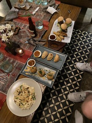 Fettuccine carbonara, crispy cheese balls, jackfruit empanadas and zest sliders   at Zest Ubud in Ubud