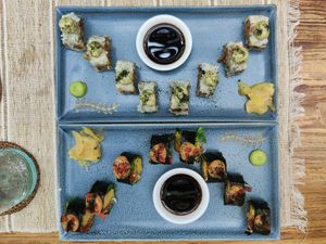 Teriyaki mushroom and Burmese Tofu sushi. at Zest Ubud in Ubud