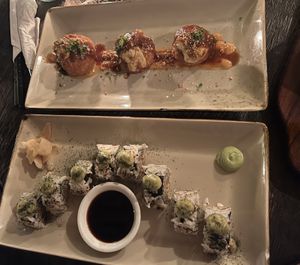 Sushi and four ‘cheese’ bits with gravy   at Zest Ubud in Ubud