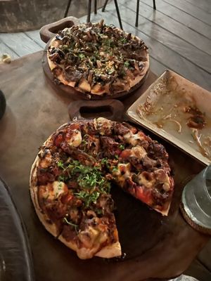 Mushroom pizza(top)-jackfruit pizzaa  at Zest Ubud in Ubud