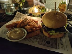Teriyaki banana blossom burger with spicy sweet potato fries at Zest Ubud in Ubud