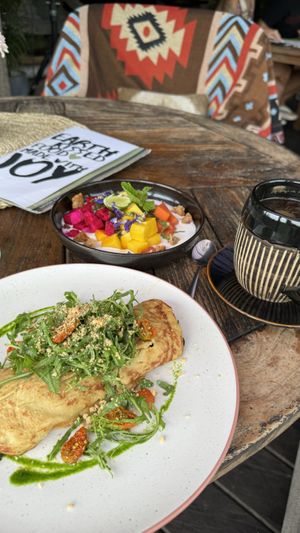 Chickpea omelette, fruit salad and Americano  at Zest Ubud in Ubud