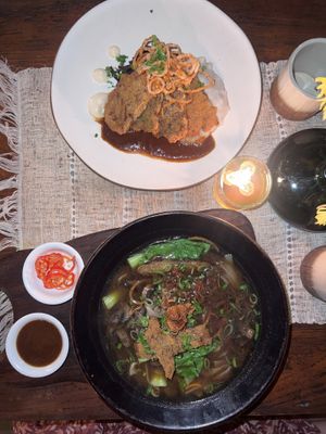 Chicken of the Forest (Mushroom Snitz) + Pho + Coffee Panacotto 🤤  at Zest Ubud in Ubud