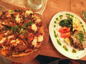 So delicious pizza with jackfruit and a dish with jackfruit steak and mushromm sauce. Yummy! at Zest Ubud in Ubud