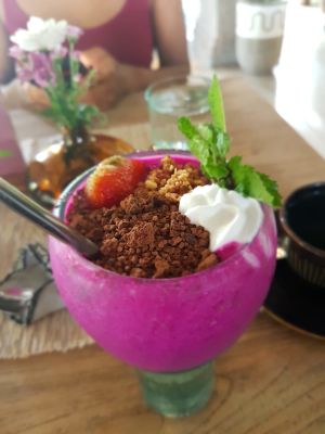 dessert with organic cacao and coconut cream at Zest Ubud in Ubud