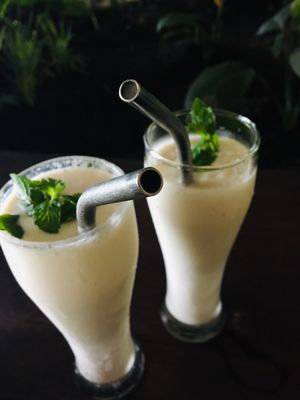 Two seasonal specials: Durian coconut smoothie & White mango coconut smoothie at Zest Ubud in Ubud