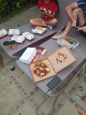 Vegan Roman jack pizza ordered via grab which was AMAZING!!!! at Zest Ubud in Ubud