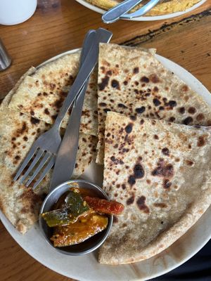 Indian parantha with pickle 70 rupees!  at Chilly Beans in Dharamshala