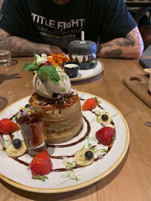Pancakes and Falafel burger both vegan at Preach Cafe in Bondi Beach