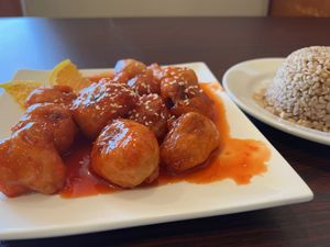 Orange “chicken” - delicious!  at Noble Vegetarian in Sacramento