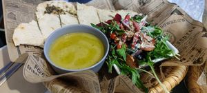 Dish of the day. Special soup flat bread with zataar and salad. at SAJ in Nice