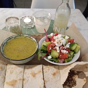 Courgette soup, Greek salad, Lebanese bread. at SAJ in Nice