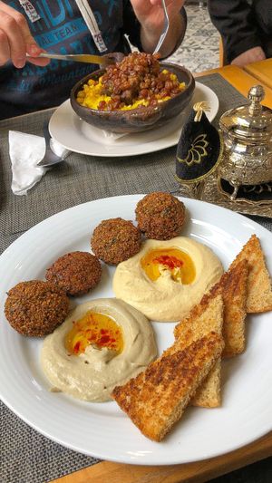 Falafel,hummus and baba ghanoush  at Cinema Cafe in Fes