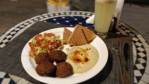 Falafel with hummus and ginger lemonade at Cinema Cafe in Fes