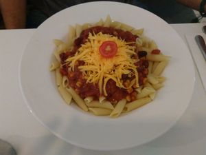 Chilli pasta at Veganeria in Budapest