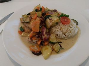 Tofu, jasmin rice and vegetables. The sauce was amazing! at Veganeria in Budapest