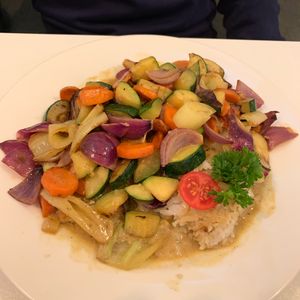 Tofu with veggies and rice  at Veganeria in Budapest