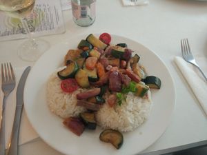 Mustard vegetable ragu with tofu at Veganeria in Budapest