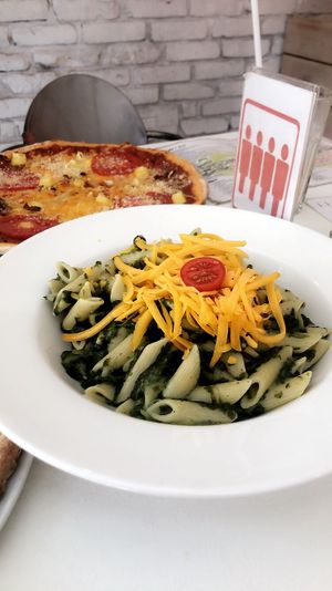 Spinach pasta at Veganeria in Budapest