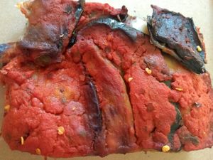 Aubergine chilli and sugo vegan pizza at Baked Pizza Al Taglio  in Glasgow