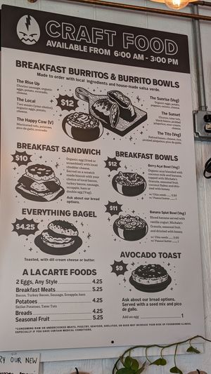 Happy cow burrito, avocado toast, Acai without honey at Rise Up Coffee in Easton