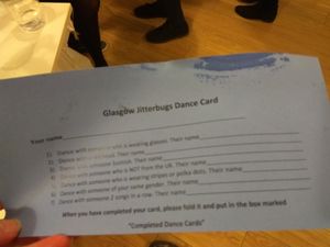 End of term party, Mar 18 - dance card. Lots of dances. at Glasgow Jitterbugs in Glasgow