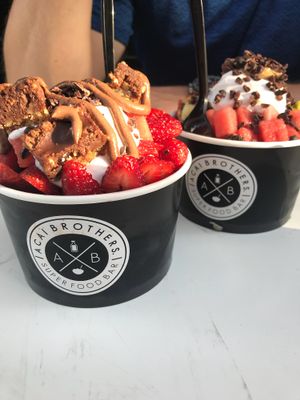 Ain’t nothin butter bowl (left), Choc treat yo self bowl (right) regular size  at Acai Brothers in Manly