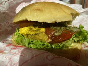 That's a tomato pesto burger.  at Desvio Bar in Florianopolis