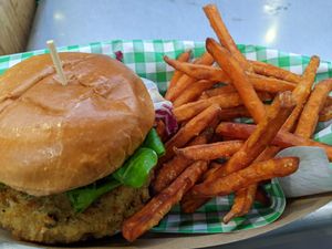 Fin McVeg bean burger and sweet potato fries at St George's Market in Belfast