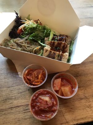 Crispy tofu with plum sauce, glass noodles , comes with one side. Extra banchan (sides) are $1 each. I got cabbage kimchi, radish kimchi and picked radish  at Bae Bae's Kitchen in Pittsburgh
