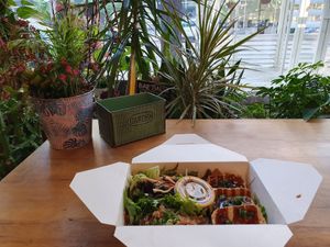 Crispy tofu with glass noodles and vegan cucumber kimchi at Bae Bae's Kitchen in Pittsburgh