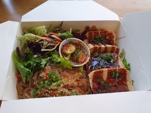 Crispy tofu with glass noodles and vegan cucumber kimchi at Bae Bae's Kitchen in Pittsburgh