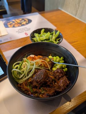 Mushroom donburri with salted edamame beans at Wagamama - Leopold Sq in Sheffield
