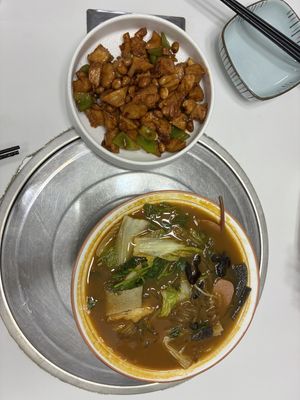 Vegan chicken Kong Pao and sweet and sour noodle soup  at Wutai Yun in Beijing