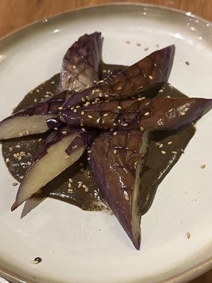 Charred eggplant with a black garlic sauce  at Mashiko in West Seattle
