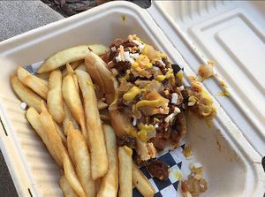 Hot dog with fries  at The Vegan Hooligans - Pop-up in Los Angeles