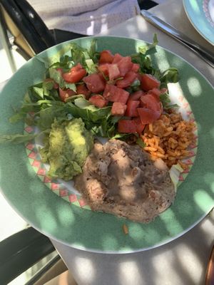 Salad, guacamole, rice, and beans came with vegan fajitas plate (previous plate) at Senor Zorbas in Santorini