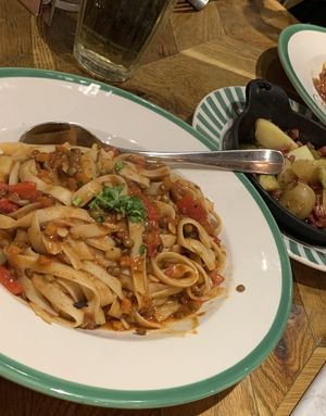 Lentil ragu and potatoes with sprouts and vegan pancetta   at ASK Italian in Castleford